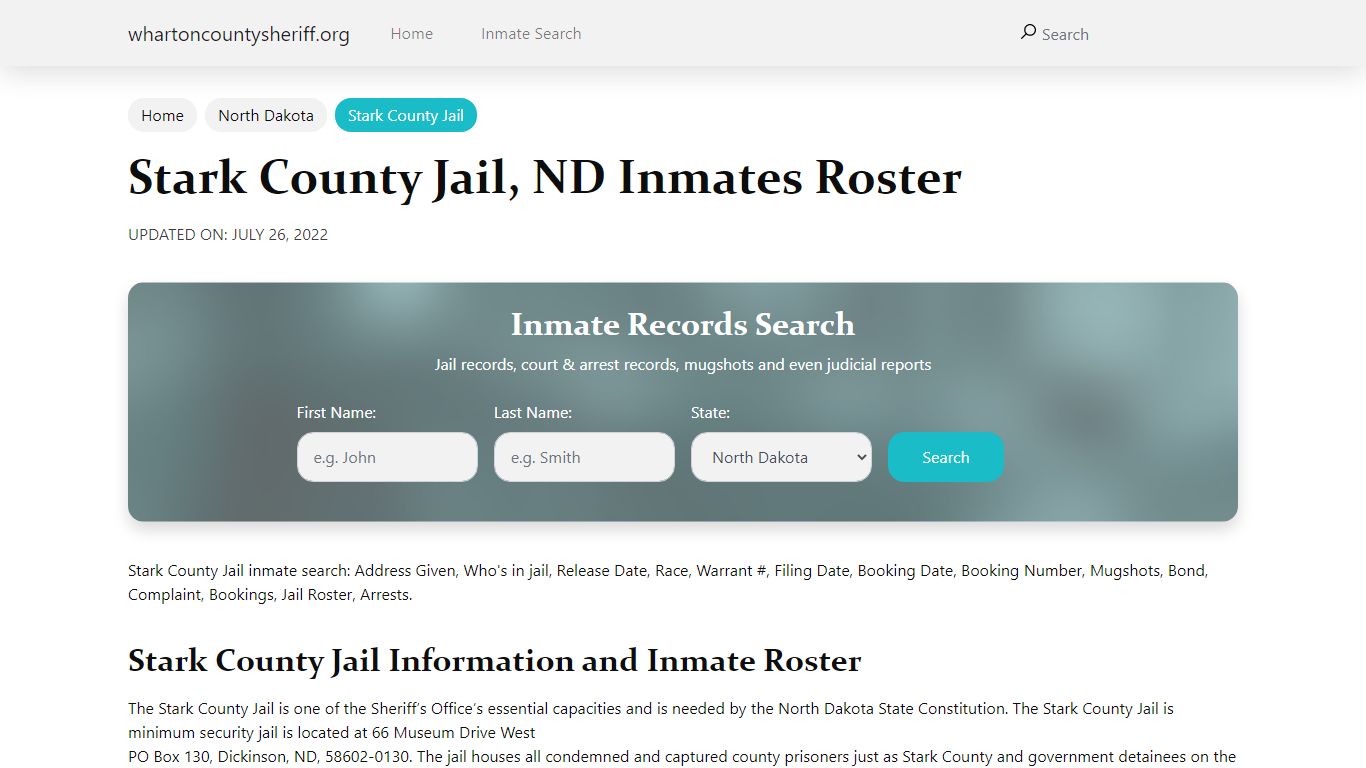 Stark County Jail, ND Jail Roster, Name Search